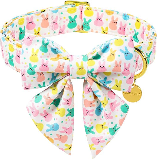Easter Dog Collar with Bow Tie, Cotton Bunny Bowtie for Large Girl Boy Dog, Cute Rabbit Pet Collar with Metal Buckle, Gift, S