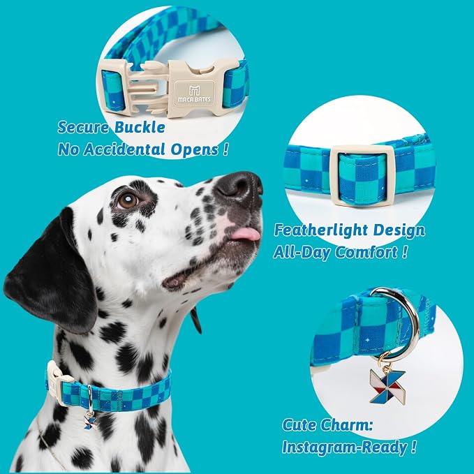 Maca Bates Checkered Basic Dog Collar with Windmill Charm Turquoise and Royal Blue Checkerboard Pattern for Medium Girl Boy Dogs,Adjustable Durable Soft Plaid Collars Gift for Male Female Puppy