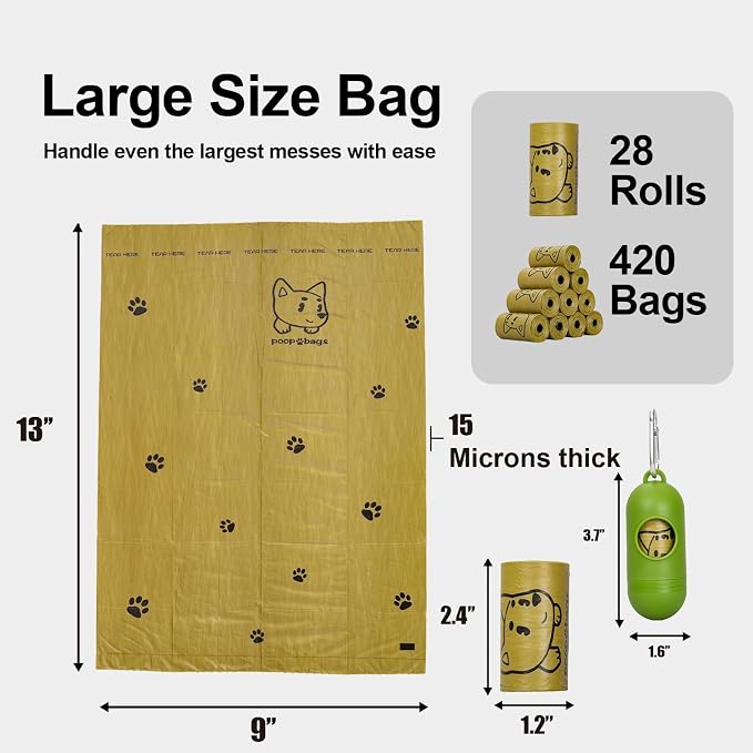 Dog Poop Bags Rolls With Dispenser, Strong and Leak-proof Waste Bags for Pets, Floral Scented, 420 Count (28 Packs of 15), 13 Inch x 9 Inch (Khaki)
