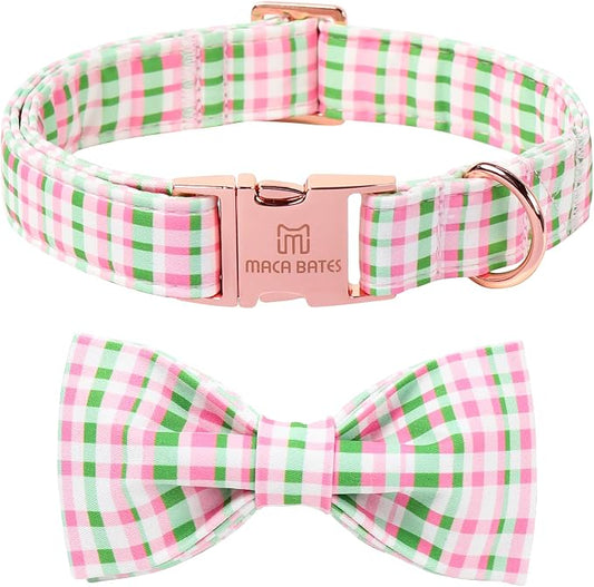 Maca Bates Plaid Dog Collar with Fancy Bow Tie,Cherry Pink Green Gingham Pattern for Small Girl Boy Dogs,Adjustable Durable Soft Collars Irish Gift for Male Female Puppy