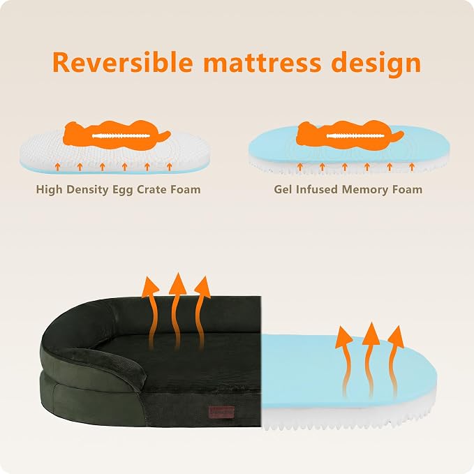 Dwanton Orthopedic Dog Bed for Extra Extra Large Dogs with Gel Memory Foam, Waterproof Dog Sofa, Washable Pet Bed with Four Sided Bolster Cushion, Removable Cover & Non-Slip Bottom, 48", Green