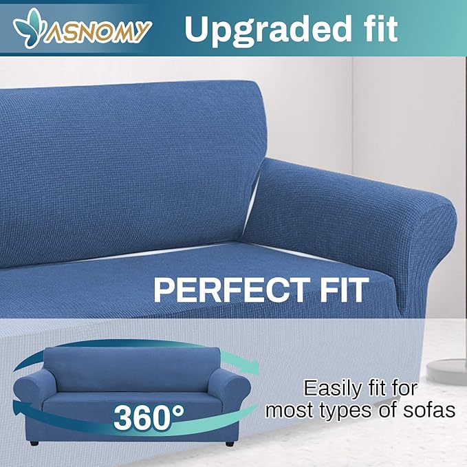 Asnomy Couch Covers for 3 Cushion Couch Stretch Sofa Covers Slipcovers, Pet Protector Furniture Covers for Dogs Cats Spandex Jacquard Fabric Small Checks （Large，River Blue）