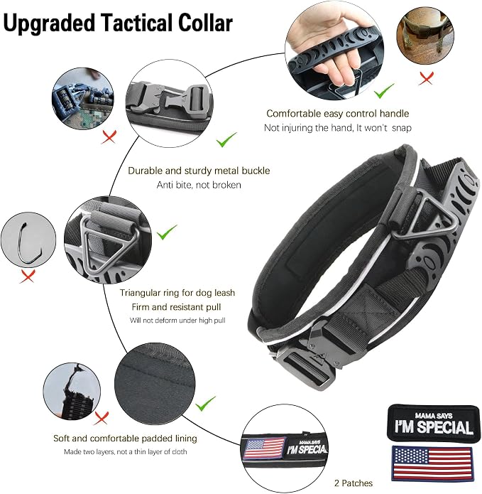 Tactical Dog Collar with Handle for Medium Dogs, 2.5"Wide Thick Heavy Duty Metal Buckle Dog Collar with Soft Neoprene Padded Lining, Military Service Reflective Collar for Training (Black,M)