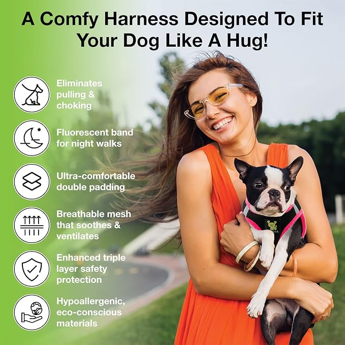 EcoBark Teacup Dog Harness - Luxury Step in Dog Harness in Black & Pink - Soft & Secure Body Halter Vest - Reflective Halter Vest