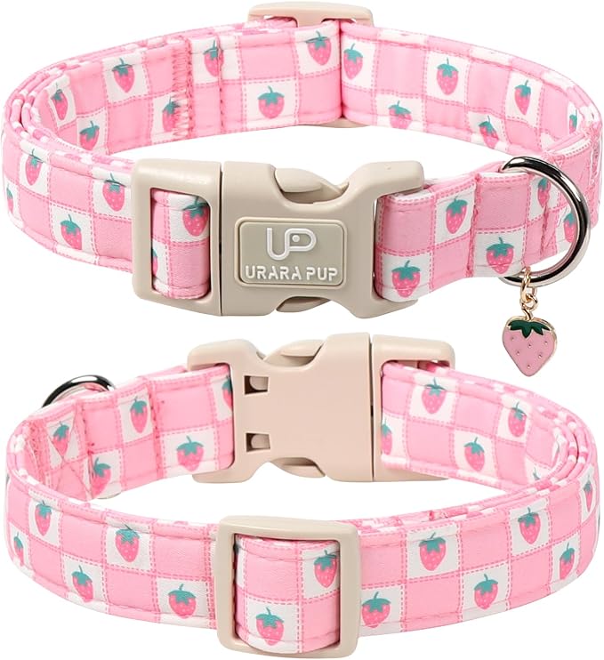 Spring Dog Collar, UP URARA PUP Strawberry Collars in Pink Checkered Adjustable Pet Collar with Quick Release, Daily Dog Accessories for Small Medium Large Dogs