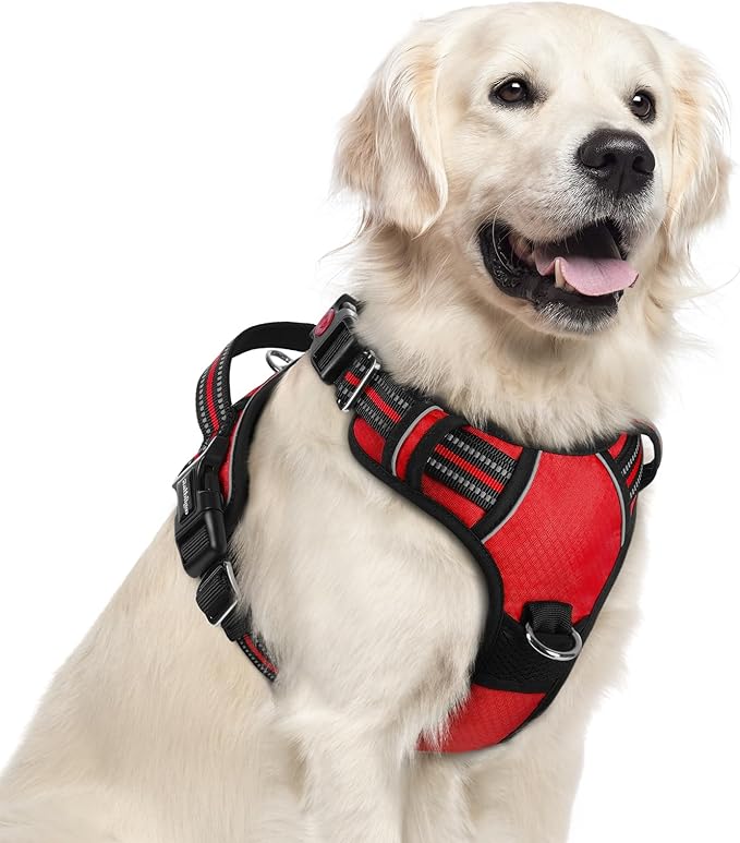 rabbitgoo Dog Harness for Large Dogs, 3 Buckles Easy On & Off No Pull Pet Vest, Soft Padded Walking Pet Harness with Control Handle, Adjustable and Reflective, Red, XL