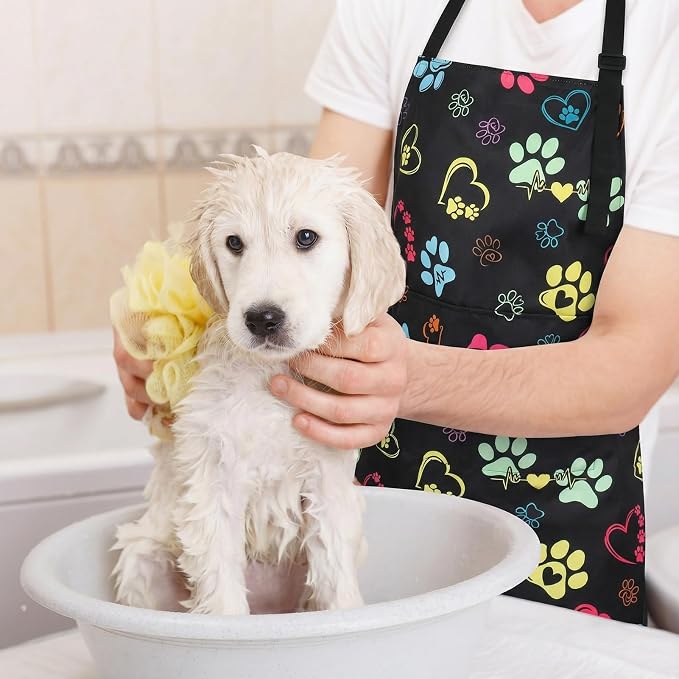 Dog Grooming Waterproof Apron with 2 Pockets, Cute Animals Puppy Dog Pets Apron