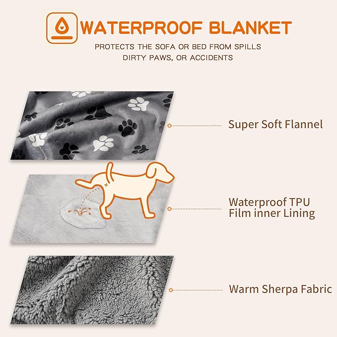 Waterproof Dog Blankets Pet Blanket 60"x80", Soft Fluffy Sofa Car Bed Protector, Reversible Sherpa Fleece Dog Blanket for Large Dogs(Dark Grey-Paws)