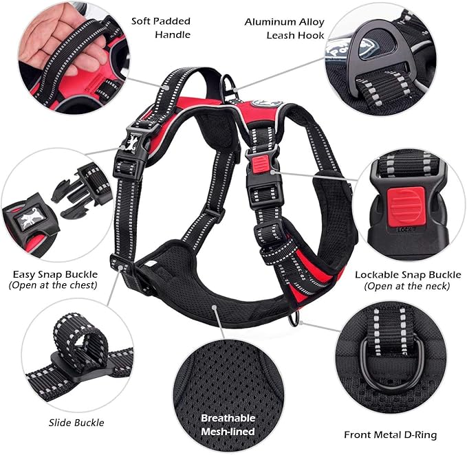 PoyPet No Pull Dog Harness, No Choke Front Clip Dog Reflective Harness, Adjustable Soft Padded Pet Vest with Easy Control Handle for Small to Large Dogs(Red,XS)