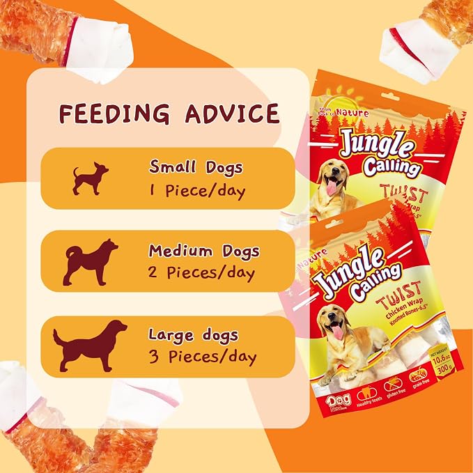 Jungle Calling Chicken Wrap Knotted Bones Dog Chews, Long Lasting Beefhide Treats Real Rawhide Bones for Large Dogs Edible Training Treats (Pack of 2)