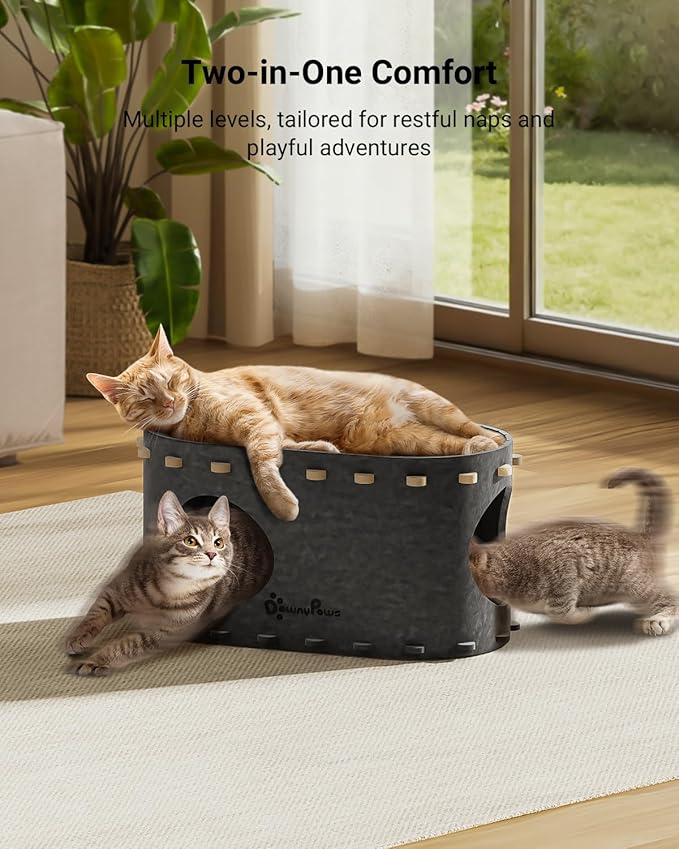 DownyPaws Cat House for Indoor Cats, Cat Bed Cave for Multiple & Large Cats Up to 22 Lbs, Scratch Resistant Peekaboo Cat Caves, Foldable Tunnel Enclosed Bed, PeekaPurr, Sesame Gray