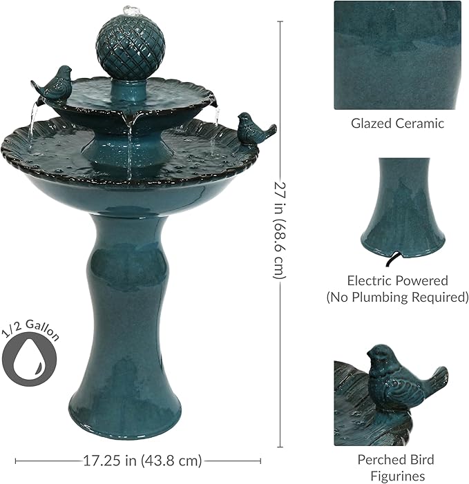 Sunnydaze 27" H 2-Tier Ceramic Water Fountain - Outdoor Water Feature for Patio, Yard, Balcony - Garden Fountain - Blue