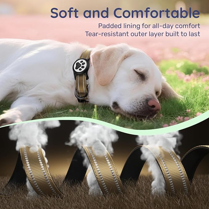 Airtag Dog Collar, Reflective Ultra-Durable Nylon Padded with QR Code Buckle & IP68 Waterproof Air Tag Holder Compatible for Apple AirTag, Comfortable for Small Medium Large Dogs(Brown,S)