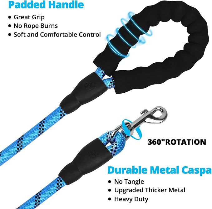 Rope Dog Leash 4 FT: Heavy Duty Leashes with Swivel Lockable Hook Reflective Threads Bungee and Padded Handle - Dog Lead for Large Small Medium Dogs Outside Walking Hiking Blue