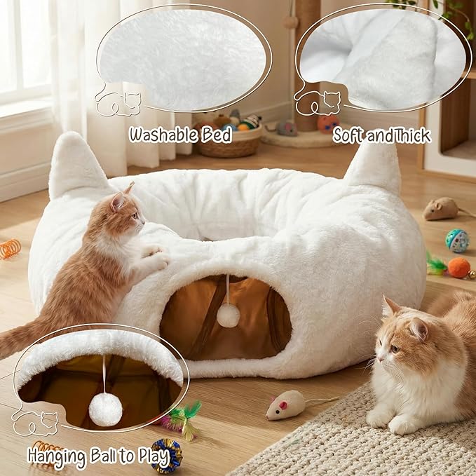 OurWarm Cat Tunnel Bed for Indoor Cats, Soft Plush Round Peekaboo Cat Bed Cave with Washable Cushion, Under Cristmas Tree Cat Donut Tunnel Toys for Kitten Rabbit Puppy (White)