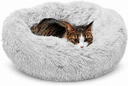 Whiskers & Friends Cat Beds for Indoor Cats, Fluffy Calming Donut Cat Bed, Small Dog Bed Washable - Orthopedic Soft Plush Pet Beds Sized for Kitten to Large Cats & Puppy to Small Dogs, Light Grey 23''