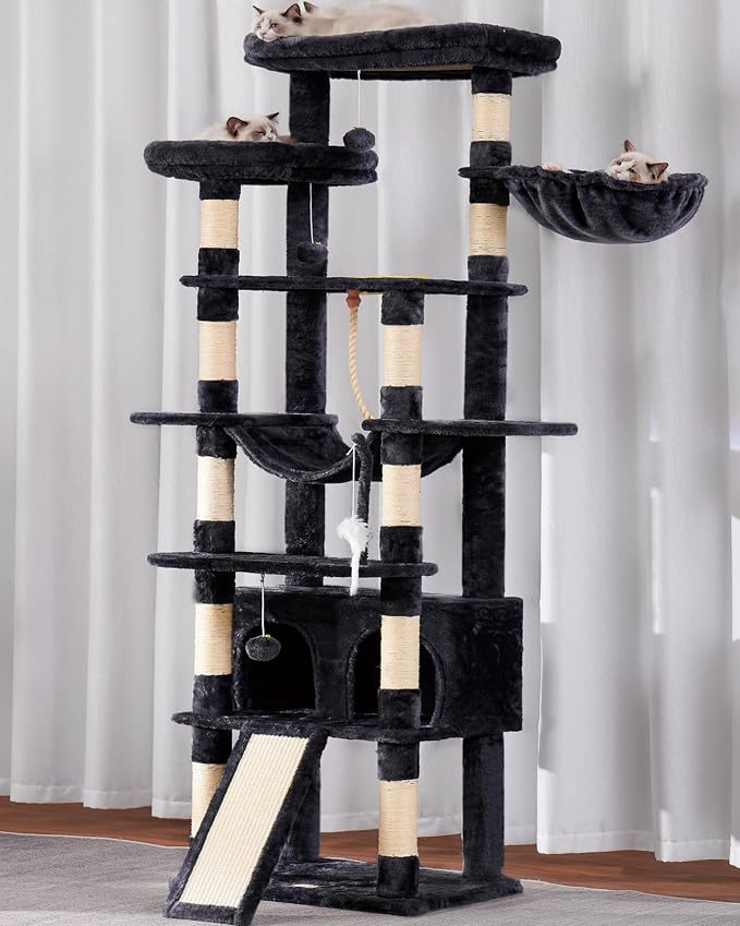 Heybly Tall Cat Tree, 78-inch Multi-Level Cat Tower for Indoor Cats, 2 Widened Plush Perches Cat Condo with Scratching Board and Big Caves, Smoky Gray HCT033G