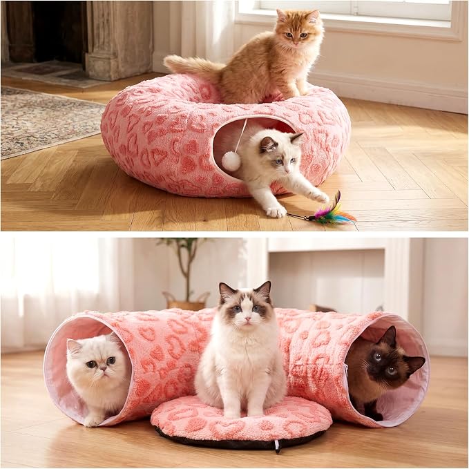 Cat Tunnel Bed, Cute Cat Tunnel Toy with Washable Cushion, Fits Indoor Cats up to 25 lbs, Cute Peekaboo Cave Pet Bed for Kittens, Rabbits, Pink Heart