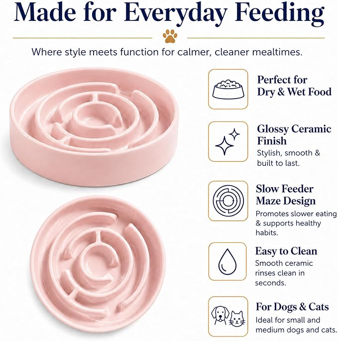 Ceramic Slow Feeder Dog Bowls with Anti-Slip, Slow Feeder & Non-Slip Design, Boredom and Anxiety Reducer, Suitable for All Breed Dogs and Cat (Ceramic-Pink)
