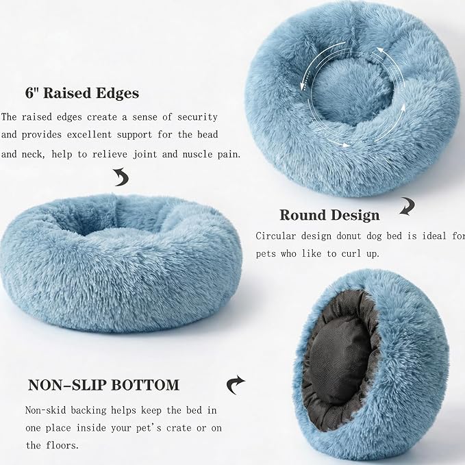Calming Donut Dogs Beds for Small Dogs Washable,23inch Plush Round Pet Bed for Cozy Sleep,Fluffy Faux Fur Large Cat Bed,Fits up to 25 lbs Pets,Washed Blue