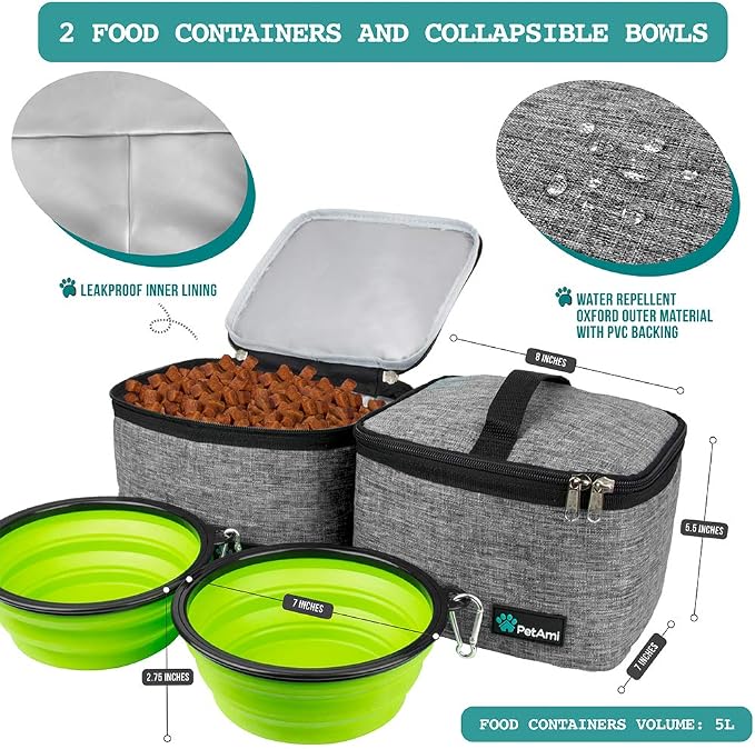 PetAmi Dog Travel Bag Organizer, Pet Travel Kit with 2 Food Containers & 2 Collapsible Dog Bowls, Pet Supplies Tote with Luggage Sleeve, Weekend Road Trip Camping Essentials, Gray, Large