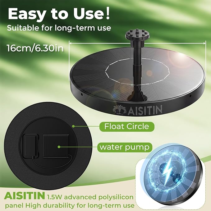 AISITIN Solar Fountain Pump for Bird Bath - 6 Nozzles Floating Water Fountain for Outdoor Garden Pond, Aquarium, Pool - Decorative Splash Sprayer for Small to Medium Water Features (Pack of 2)