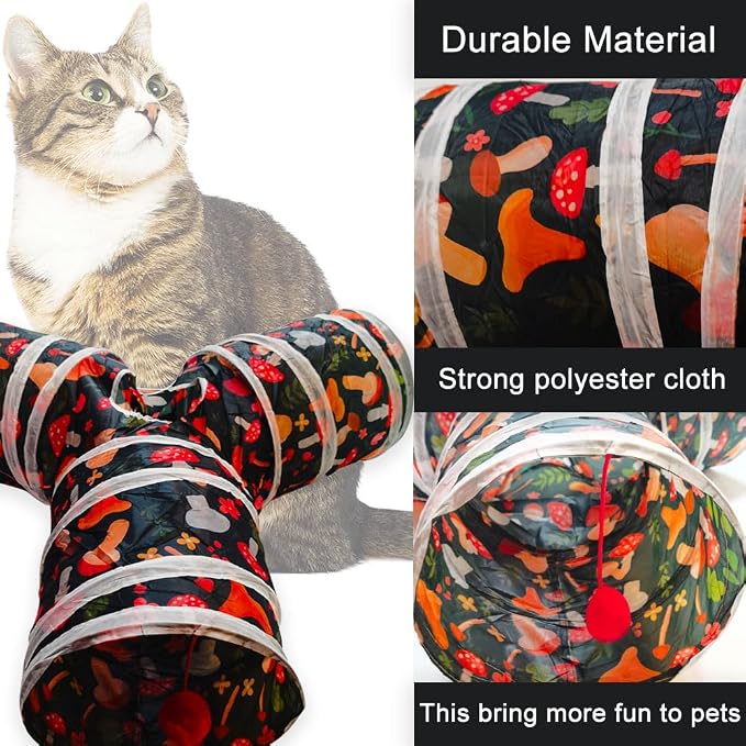 Cat Tunnel Tube Toys，Tunnels for Indoor Cats, Collapsible Interactive Toy with Balls for Rabbits, Kittens, Ferrets, Puppy (Mushroom)