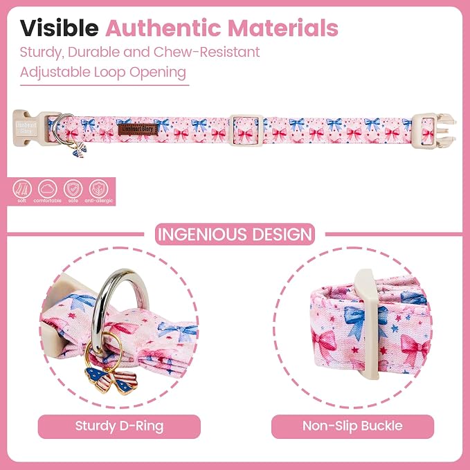 Lionheart glory Patriotic Flag Dog Collar - 4th of July American Flag Dog Collars,Pink Bow Pattern Adjustable Pet Collar for Medium Dogs Male Female Dogs Summer Pet Collars