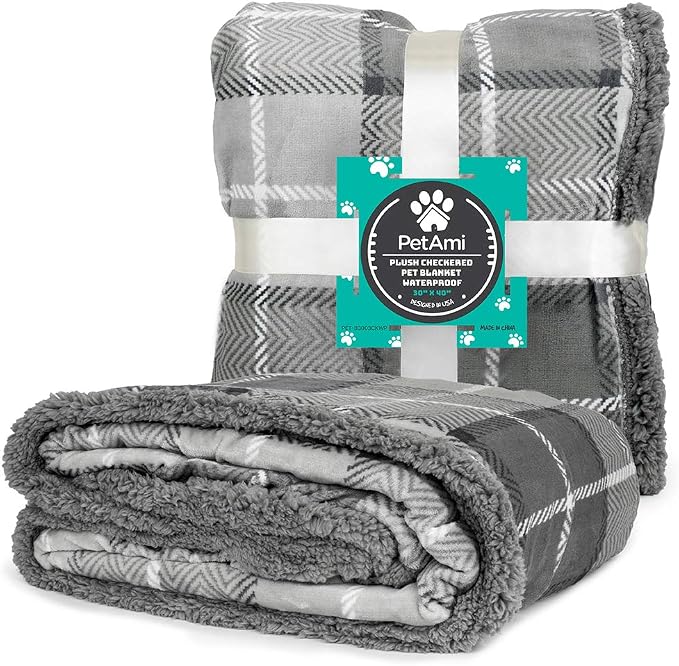 PetAmi Waterproof Dog Blanket for Couch, Pee Proof Fleece Reversible Pet Throw, Furniture Protector for Bed Sofa Kennel, Soft Washable Cover for Small Medium Dog Puppy Cat, 29x40 Plaid Light Grey