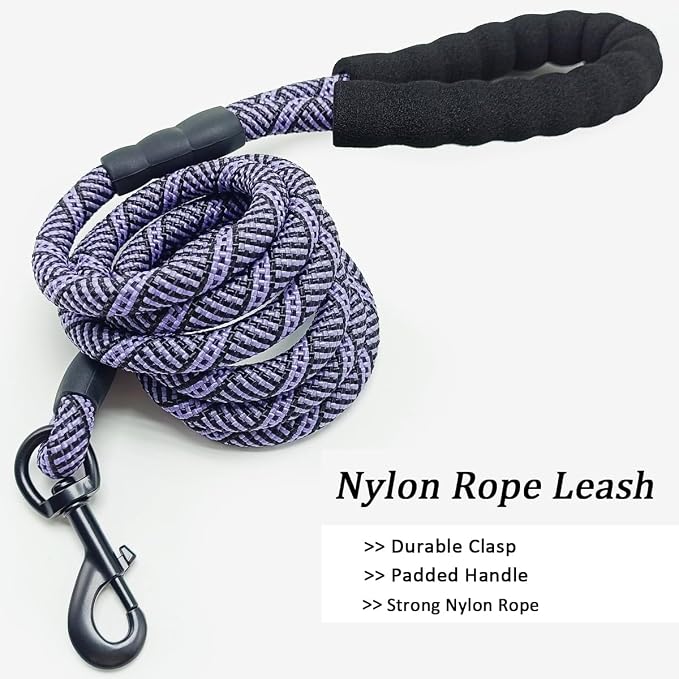 MayPaw Heavy Duty Rope Dog Leash, 3/4/5/6/7/8/10/12/15 FT Nylon Pet Leash, Soft Padded Handle Thick Lead Leashes for Large Medium Dogs (Purple Black, 1/2" * 8')