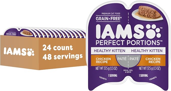 IAMS Perfect Portions Healthy Kitten Grain Free Wet Cat Food, Wet Cat Food Pate Recipe, Chicken Recipe, 2.6 oz. (24 Twin Packs)