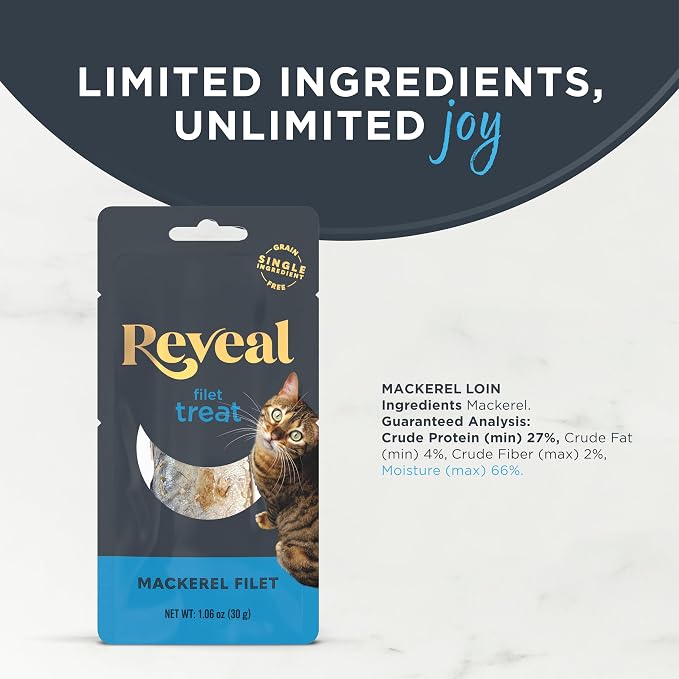 Reveal Whole Mackerel Loin Cat Treats 12 Pack, Single Ingredient, Grain Free, High Protein, Natural Cat Treats for Training, No Fillers, No Artificial Additives (12 x 1.06 oz Loins)