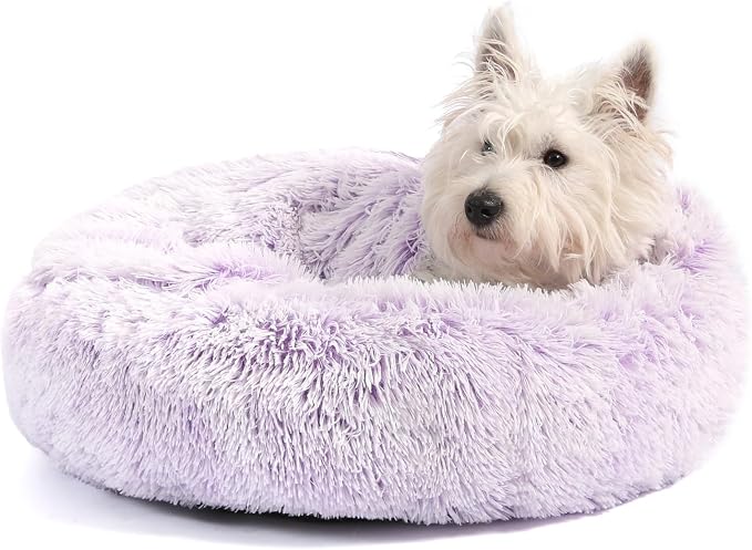 Calming Donut Dog Bed with Hooded Blanket – Plush Fluffy Cave Bed for Small & Medium Dogs, Machine Washable Anti-Anxiety Pet Bed for Cats