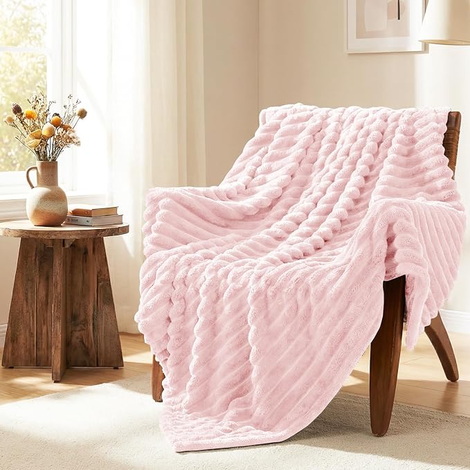 HIMEET Fleece Pink Throw XL Blanket for Couch - 300GSM Ribbed Soft Cozy Nap Blankets for Travel, New Home Birthday Gifts for Women Men Her, Long Sofa Aesthetic Room Decor Office Throws, 50x70 Inches