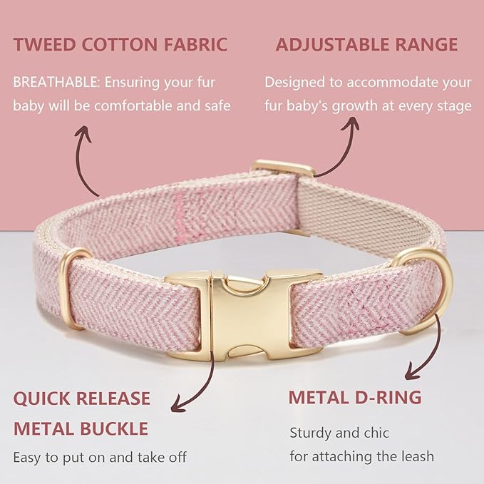 Soft Dog Collar and Leash Set Adjustable Woven Tweed Dog Collars with Metal Buckle and Lead for Small Medium Large Dogs,Pink