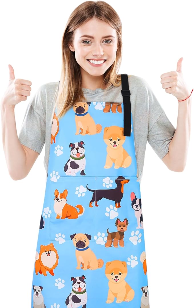 Dog Grooming Waterproof Apron with 2 Pockets, Cute Animals Puppy Dog Pets Apron