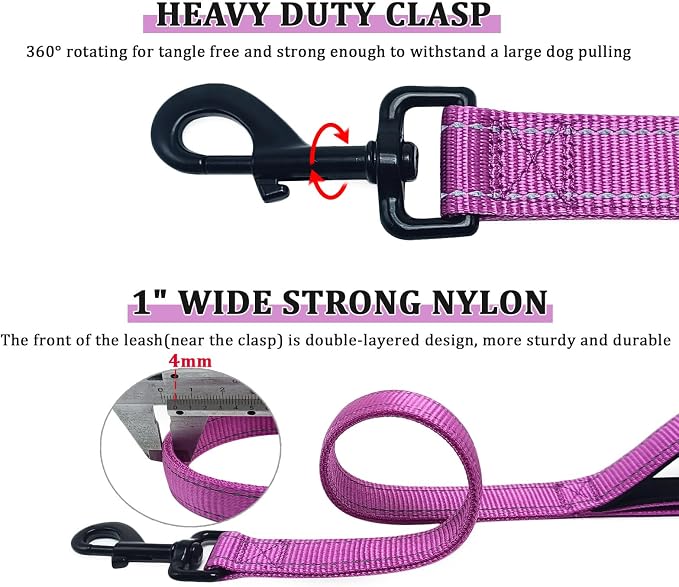 WYuZe 3 Handle Dog Leash for Large Medium Dogs- 7FT Reflective, Shock Absorbing Bungee, Heavy Duty Training Leash with Three Padded Traffic Handles for Control & Jogging, Purple