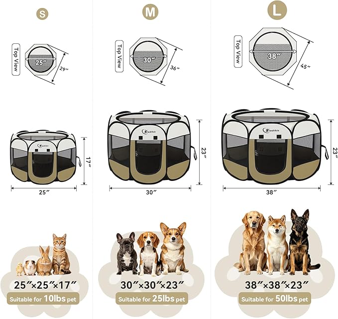 Siedihit Dog Cat Playpen, Medium Puppy Pet Playpen, Dog Crate Tent Cage Indoor/Outdoor, Portable Pop Up Dogs Kennel Playpen with Carrying Case for Dogs/Cats/Rabbits (Khaki,Medium)