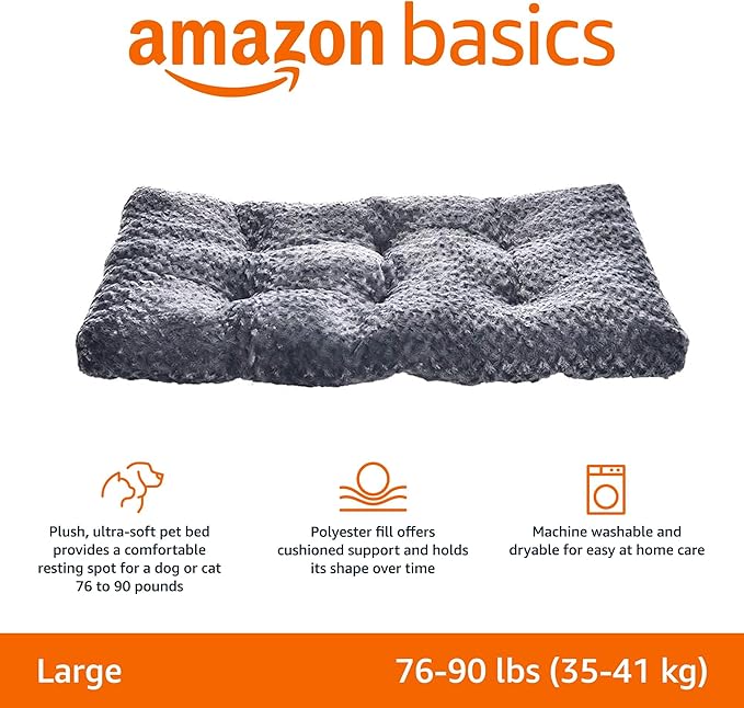 Amazon Basics Washable Cat and Dog Bed, Cozy Crate Pad for Large Dogs, Indoor, 40 x 27 x 3.5 inches, Gray
