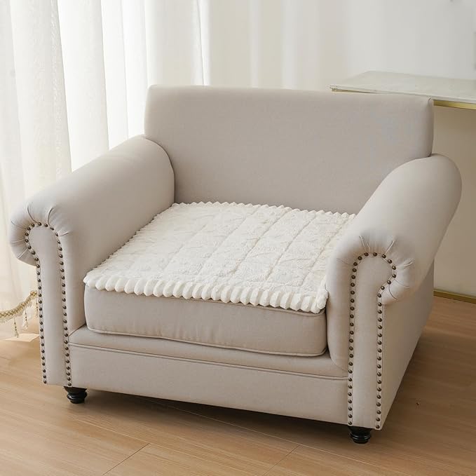 Fuzzy Couch Covers for Dogs, Non Slip Thick Dog Couch Cover Protector, Plush Pet Couch Covers for Sofa Washable, Soft Sofa Cushion Slipcovers Pet Friendly(1PC, Beige White, 27.6”x27.6”)