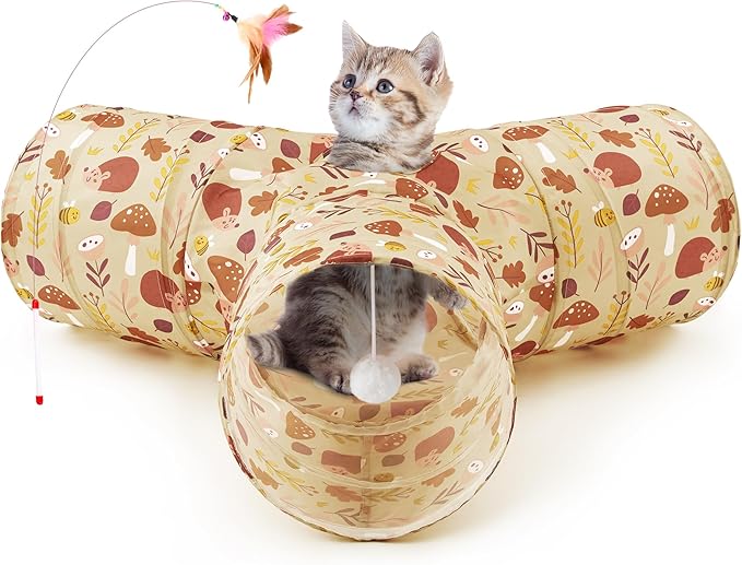Tempcore Cat Tunnel for Indoor Cats, 3 Way Collapsible Pet Play Tunnel with Teaser Wand, Peek Holes & Hanging Ball, Interactive Tube for Kittens & Rabbits, Khaki Hedgehog