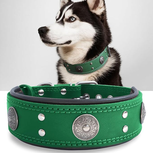 Leather Dog Collar for Large Dogs, 2 in Wide Heavy Duty, Handmade, GN-M | Genuine Leather Stainless Steel Pin Buckle, Microfiber Leather Padded, Alloy Studded， Soft, Luxury and Eye-catching