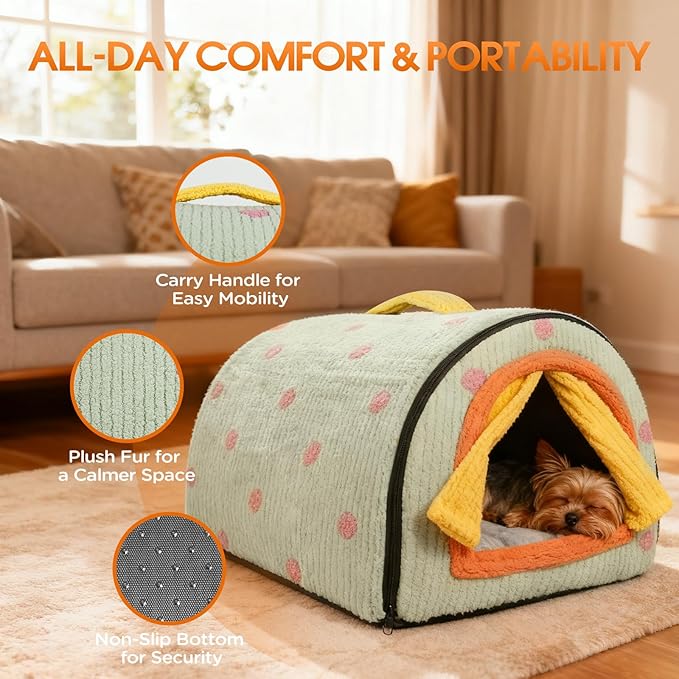Dog House Indoor for Small Dogs, 2-in-1 Enclosed Dog Bed with Cover Cave & Curtain, Dog Tent with Plush Washable Cushion, Inside Dog House for Pets Under 17 lbs(Green, Medium)