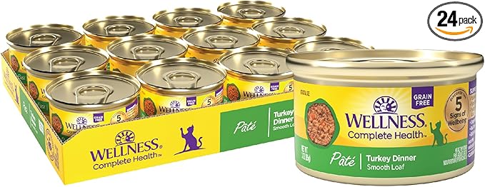 Wellness Complete Health Pate Adult Canned Wet Cat Food, Natural, Protein Rich, Grain Free, Turkey Dinner Recipe, 3 oz, Pack of 24 Cans