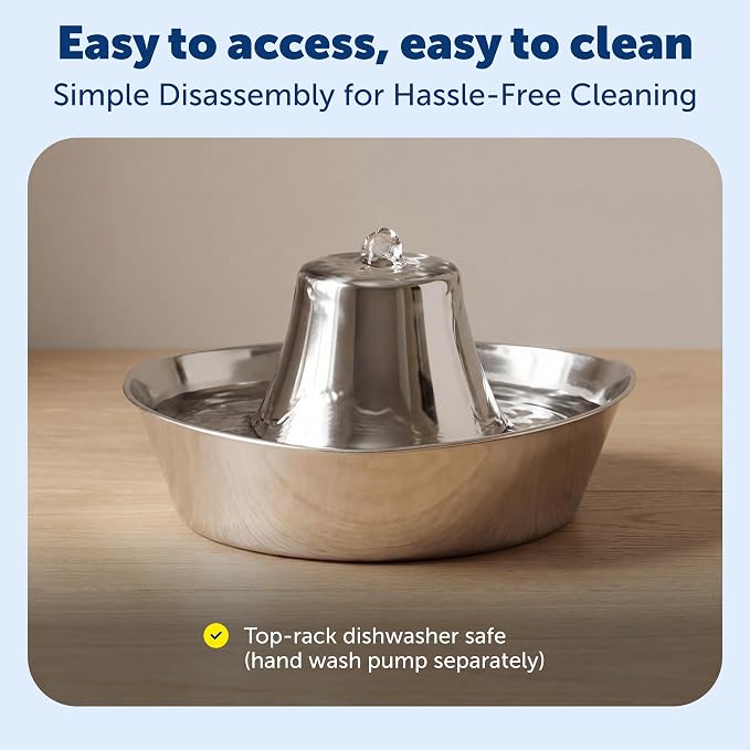PetSafe Seaside Stainless Cat & Dog Fountain - Extra Water Filters & 1 Pump Included, Tower Creates Soothing Flow for Pets, Scratch-and Rust-Resistant Material Inhibits Pet Acne, 60 Oz Water Capacity