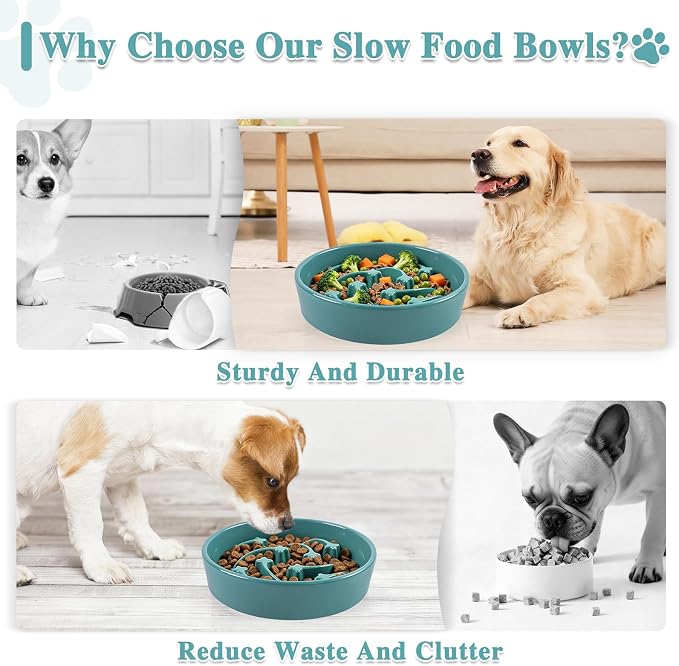 Ceramic Slow Feeder Dog Bowls, 2 Cups Dog Food Dish for Medium and Large Breed, Puzzle Dog Food Bowl for Fast Eater, 28OZ, 8.15 inch(Dark Green)