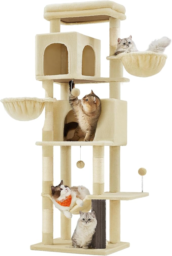 Feandrea Cat Tree, 69-Inch Tall Cat Tower, Multi-Level Plush Condo with 2 Caves, 2 Baskets, 5 Scratching Posts, Self-Groomer, Perch, Hammock, Sand Beige UPCT182Y01