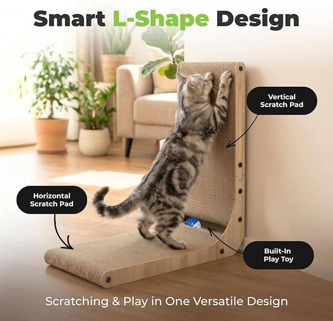 Best Pet Supplies Catify Cat Scratcher, Fun Interactive Scratchers, Posts, Poles, Claw Safe, Furniture Saver Indoor Play Support Natural Cat Behaviors Heavy Duty - L-Shape - H: 26"