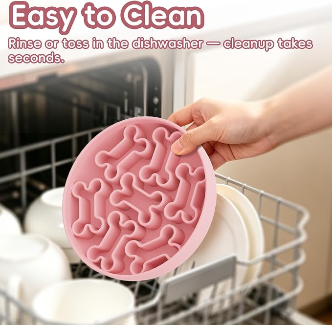 Silicone Slow Feeder Dog Bowl – Pink Bone Pattern | Food-Grade Non-Slip Dog Dish for Anti-Bloat, Fast Eating Prevention, 7.5” x 1.5”, Dishwasher Safe