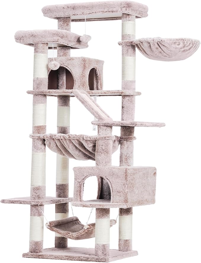 Heybly Cat Tree, 71-Inch-Tall Tower for Indoor Cats with 2 Perches, 2 Big Condos, 2 Hammocks, Basket, Scratching Pad, Large Cat Furniture and Condo, Mushroom HCT034MU
